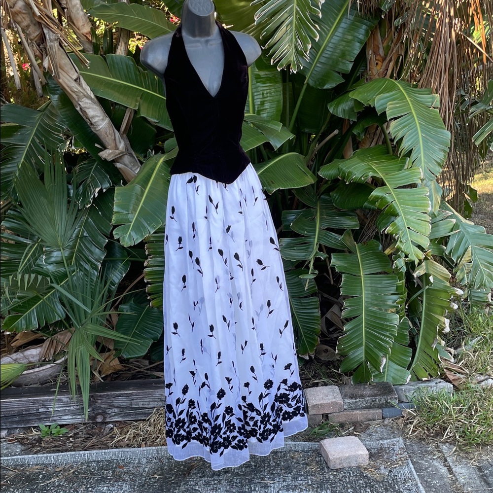 vintage 80s Scot McClintock, velvet corset and tulle  floral halter gown